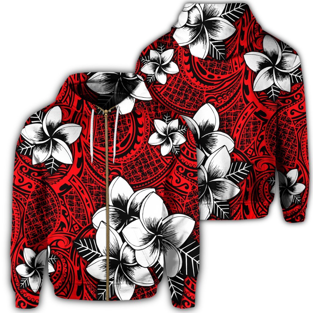 Hawaiian Plumeria Tribal Polynesian Zip Hoodie Red Unisex Art - Polynesian Pride