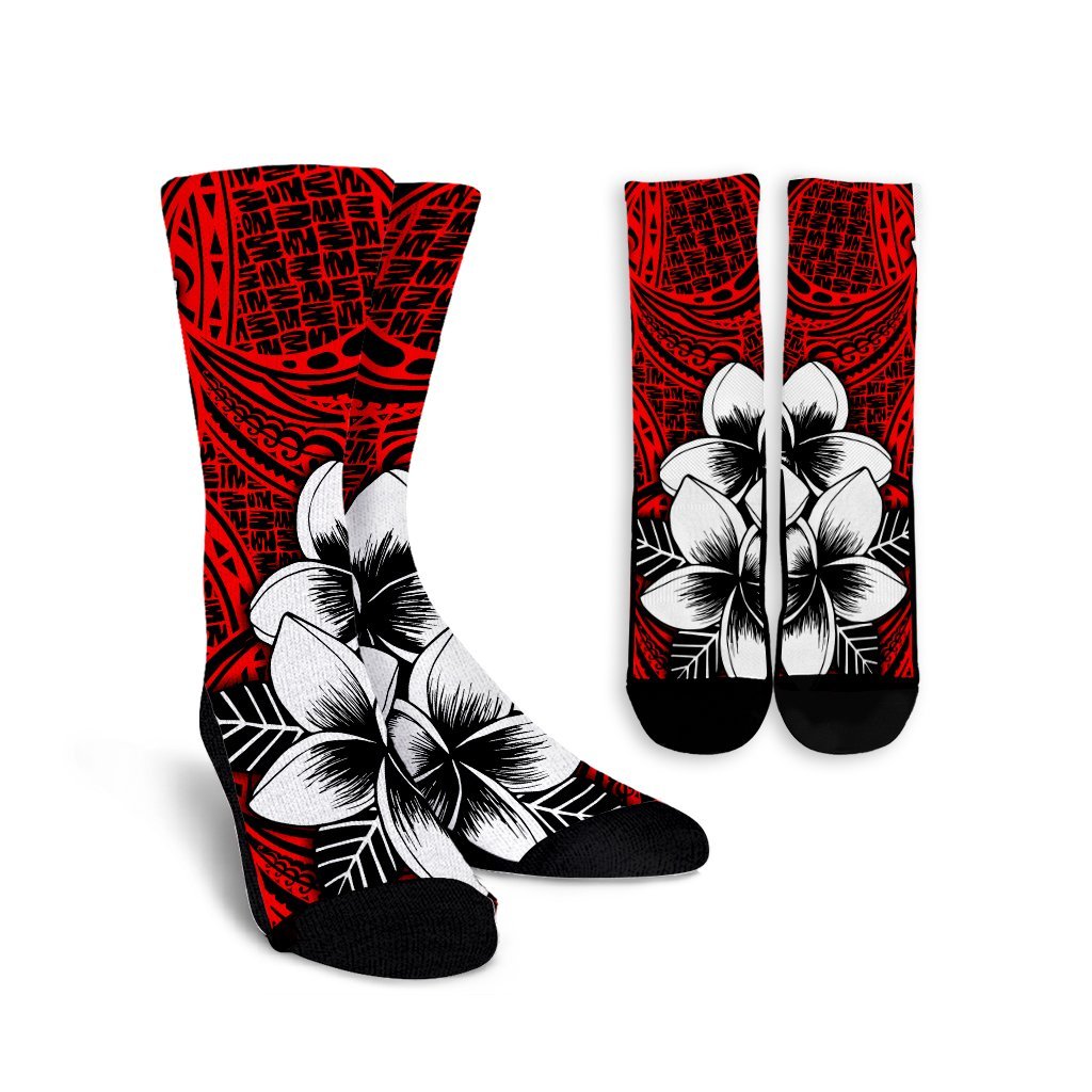 Hawaiian Plumeria Tribal Polynesian Crew Socks Red AH Crew Socks White - Polynesian Pride