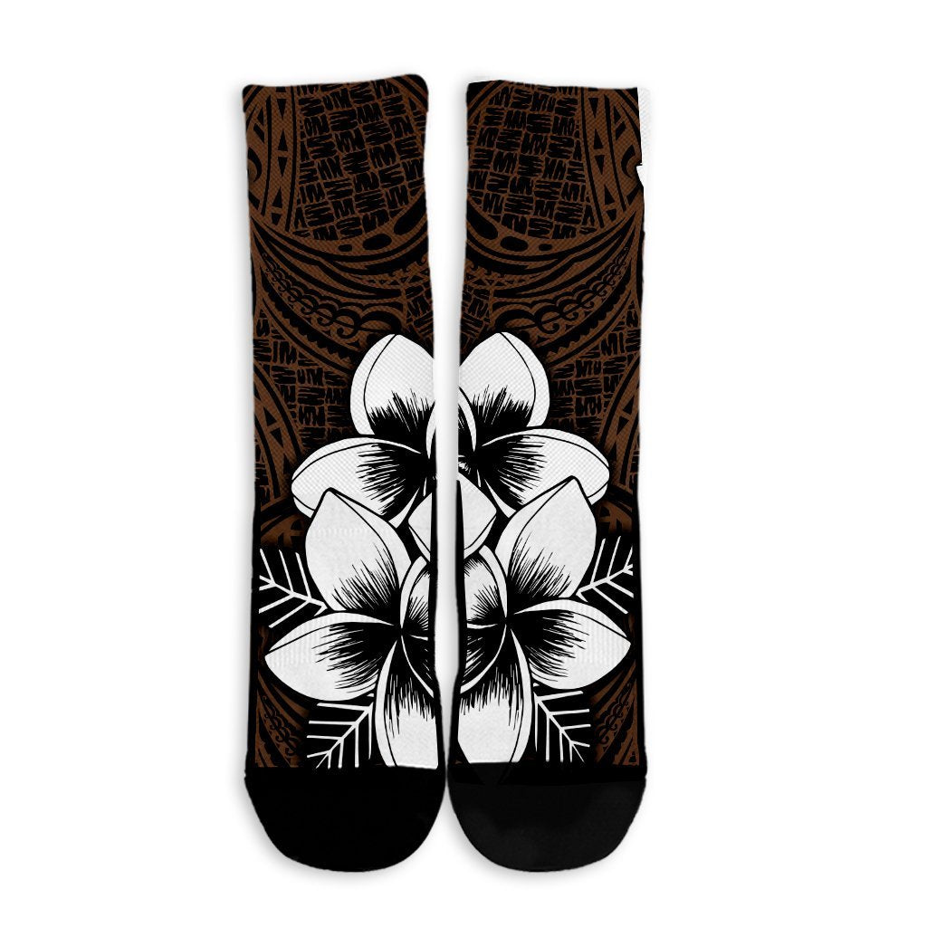 Hawaiian Plumeria Tribe Brown Polynesian Crew Socks AH - Polynesian Pride