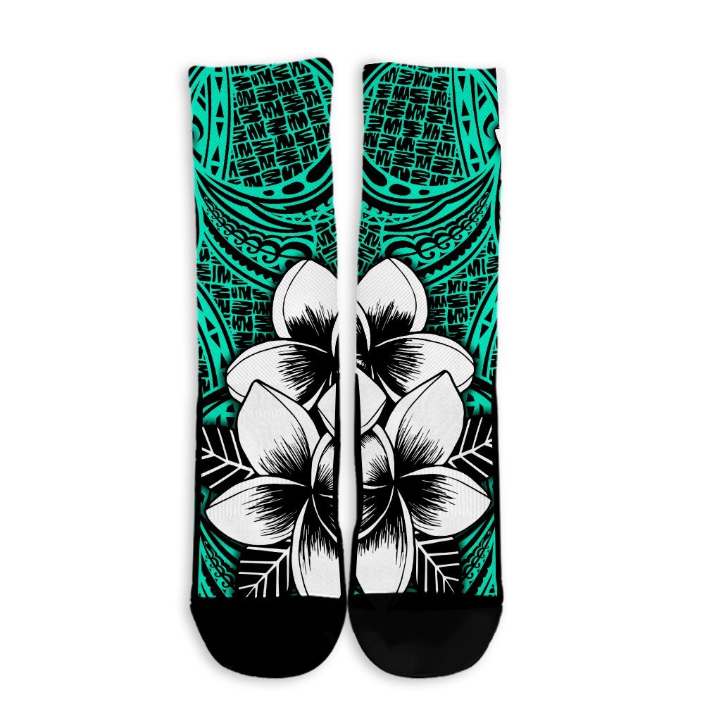 Hawaiian Plumeria Tribe Turquoise Polynesian Crew Socks AH - Polynesian Pride