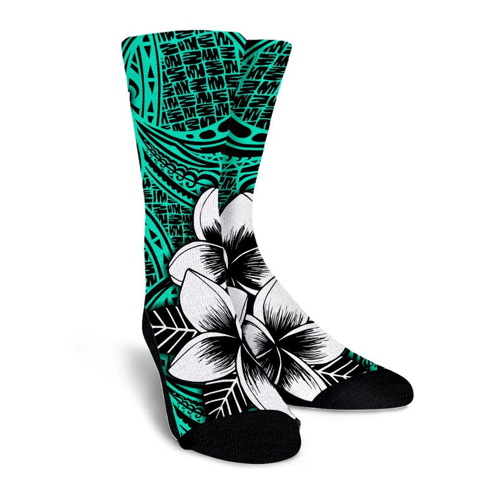 Hawaiian Plumeria Tribe Turquoise Polynesian Crew Socks AH - Polynesian Pride