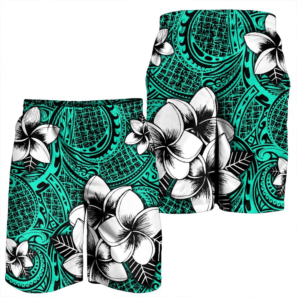 Hawaiian Plumeria Tribe Turquoise Polynesian Men's Shorts AH - Polynesian Pride