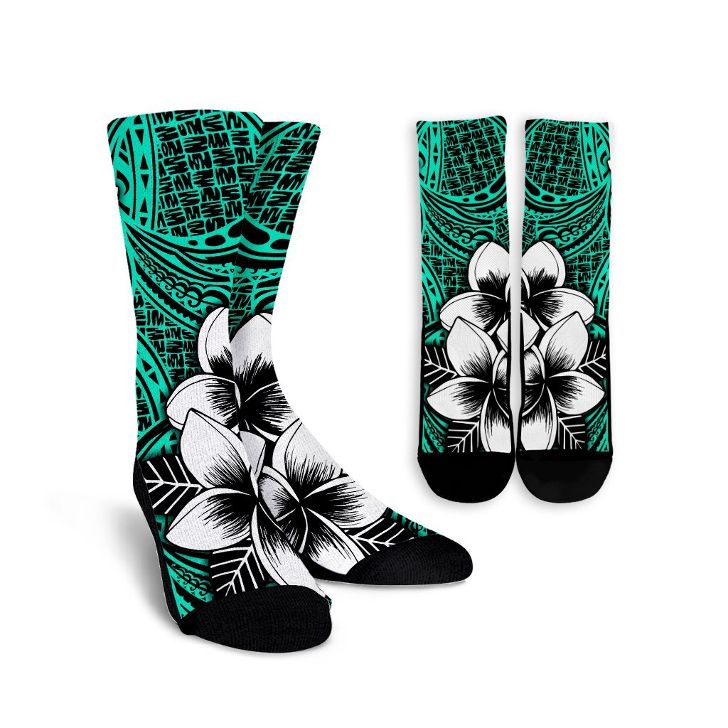 Hawaiian Plumeria Tribe Turquoise Polynesian Crew Socks AH Crew Socks White - Polynesian Pride