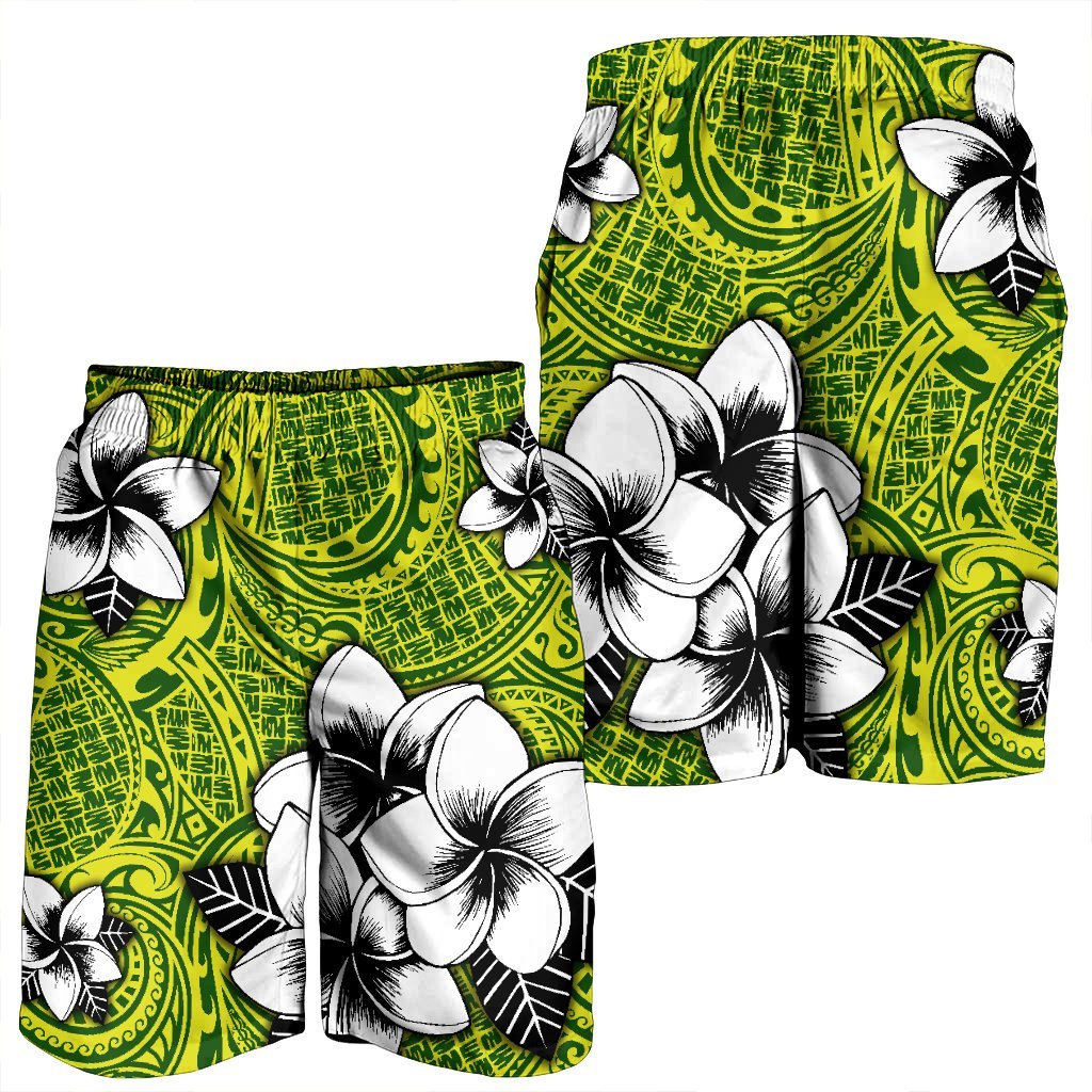 Hawaiian Plumeria Tribe Yellow Green Polynesian Men's Shorts AH - Polynesian Pride