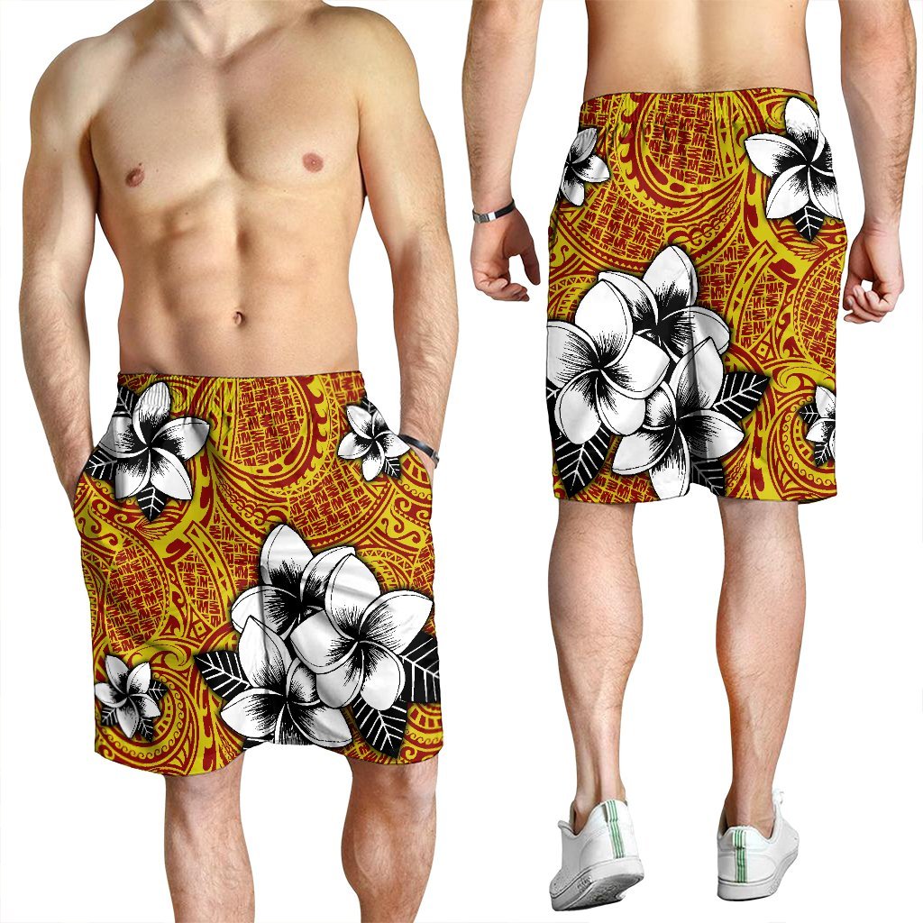 Hawaiian Plumeria Tribe Yellow Red Polynesian Men's Shorts AH - Polynesian Pride