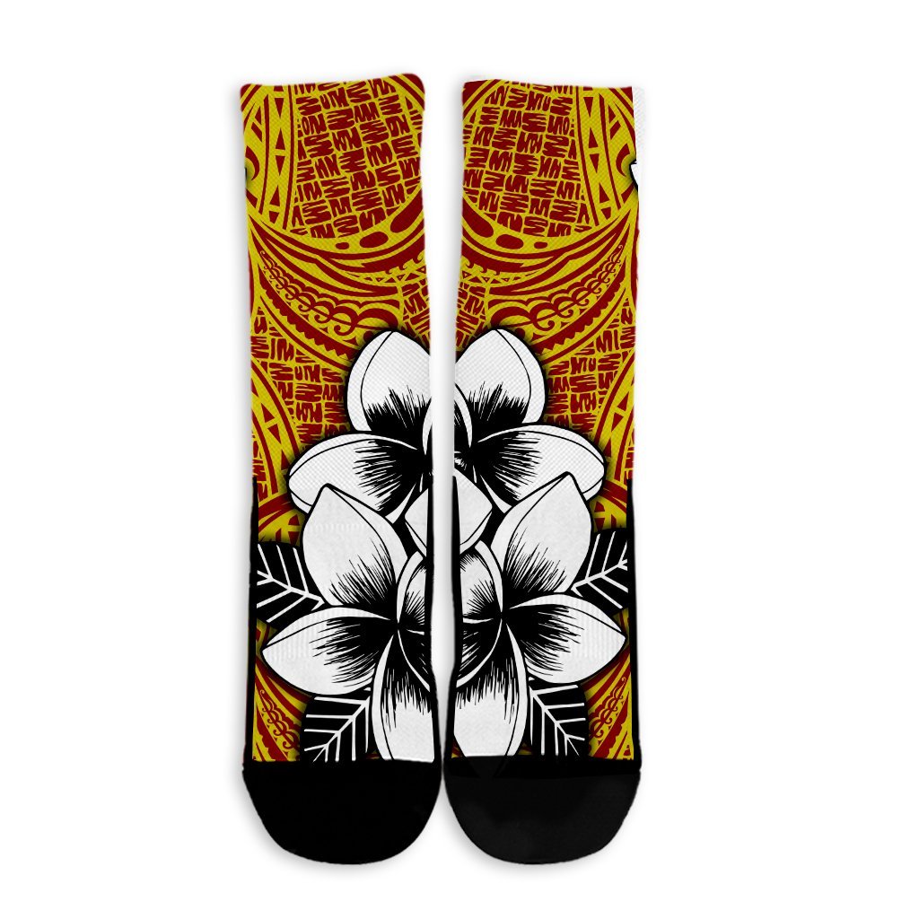 Hawaiian Plumeria Tribe Yellow Red Polynesian Crew Socks AH - Polynesian Pride