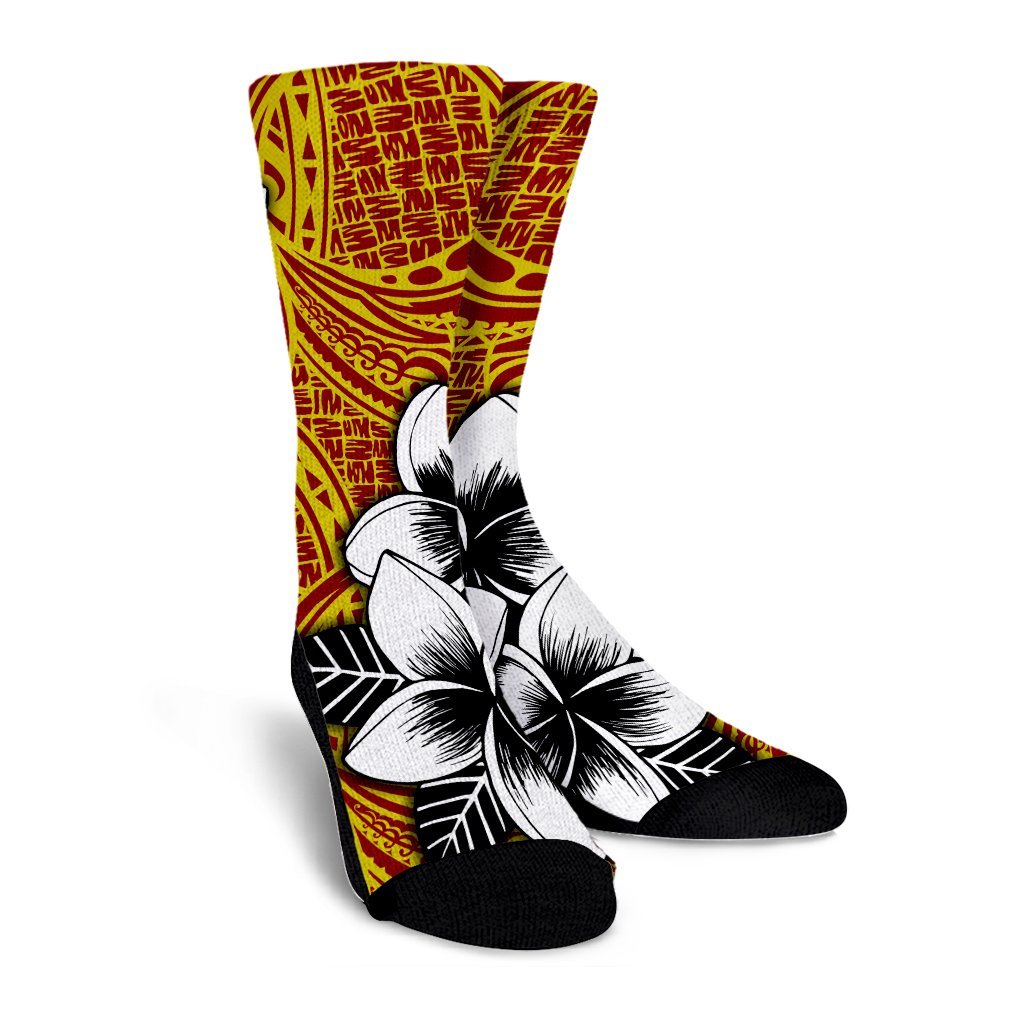 Hawaiian Plumeria Tribe Yellow Red Polynesian Crew Socks AH - Polynesian Pride