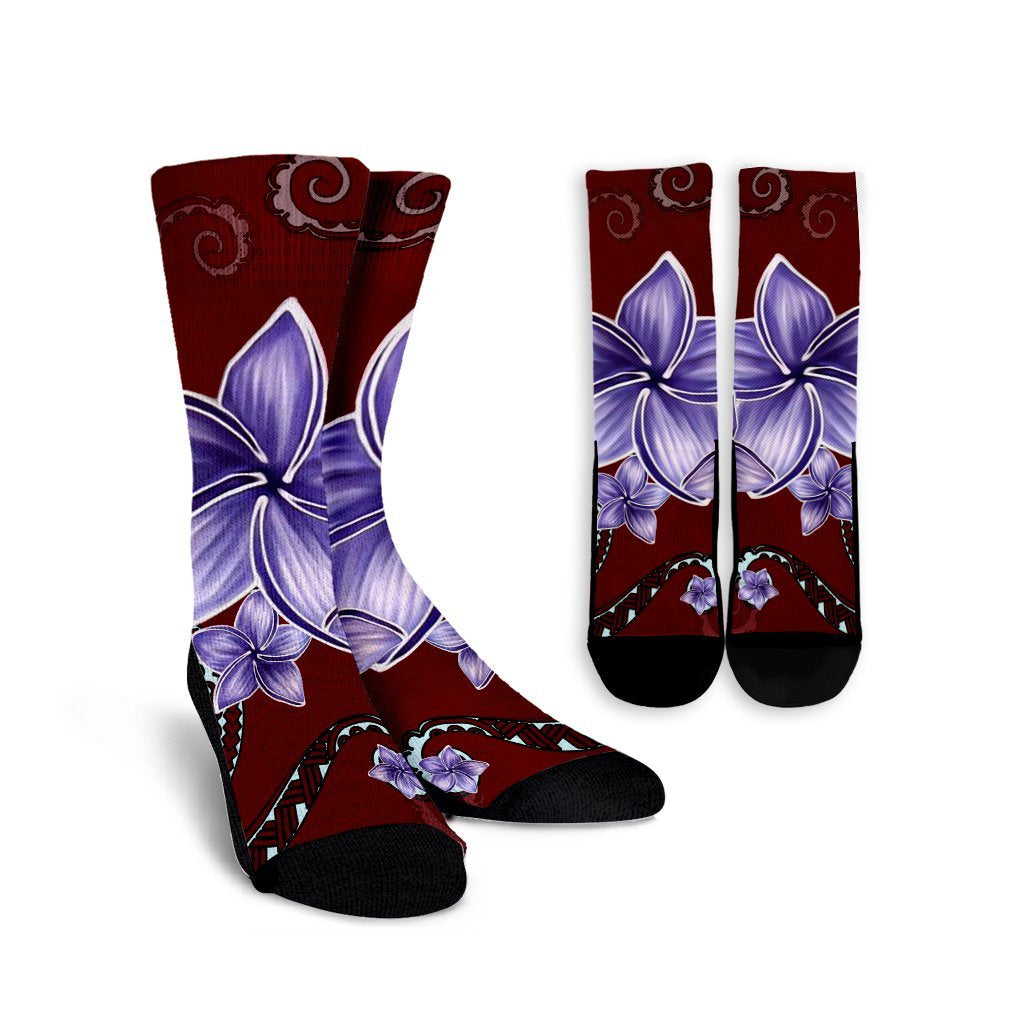 Hawaiian Plumeria Violet Polynesian Red Crew Socks - AH Crew Socks White - Polynesian Pride