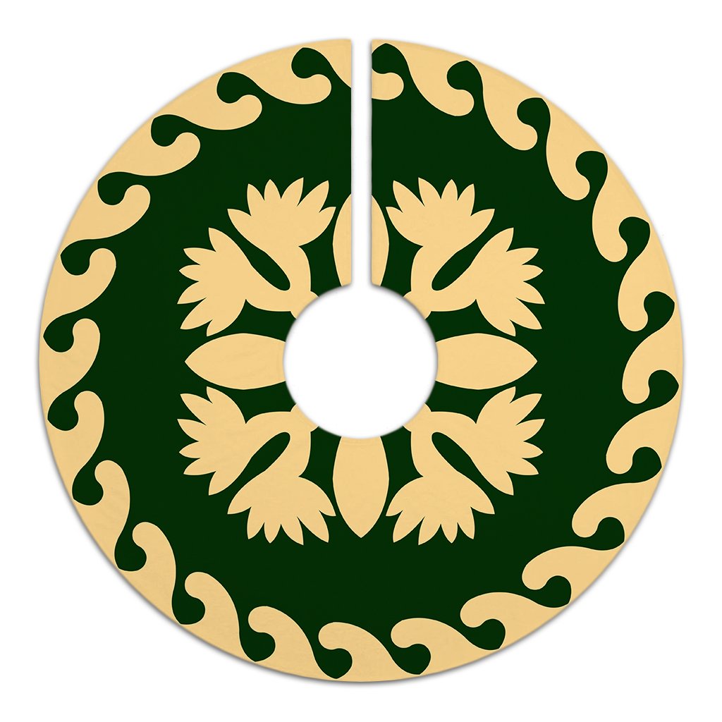 Hawaiian Quilt Pattern Flower Lovely Tree Skirt - Green Beige - AH - Polynesian Pride