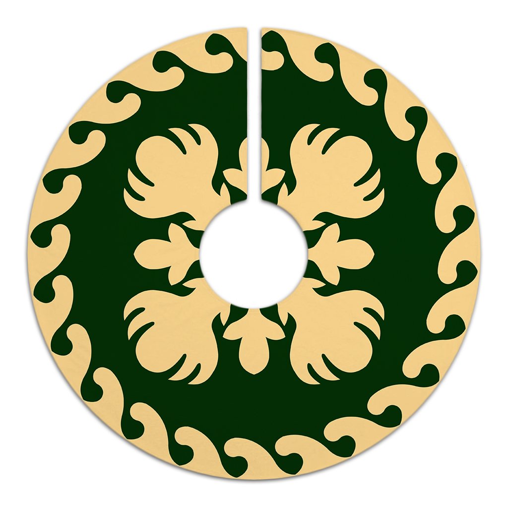Hawaiian Quilt Pattern Ohia Flower Beautiful Polynesian Tree Skirt - Green Beige - AH - Polynesian Pride
