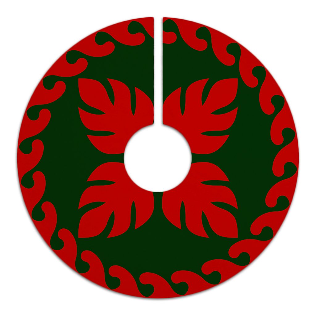 Hawaiian Quilt Pattern Palm Tree Monstera Basic Polynesian Tree Skirt - Red Green - AH - Polynesian Pride
