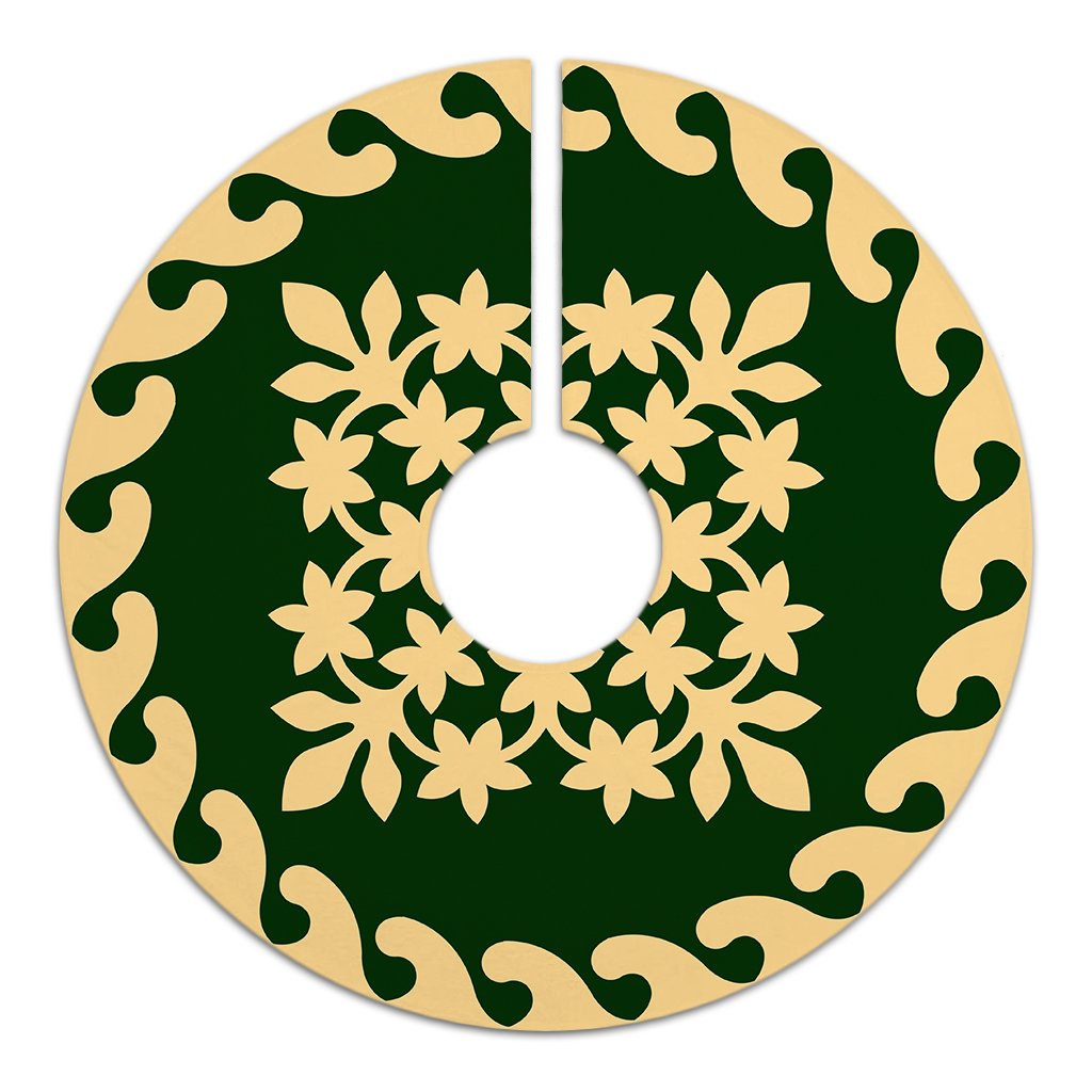 Hawaiian Quilt Pattern Wreath Tree Skirt - Green Beige - AH - Polynesian Pride