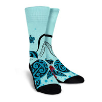 Hawaiian Sea Turtle Hibiscus Brilliant Polynesian Crew Socks - AH - Polynesian Pride