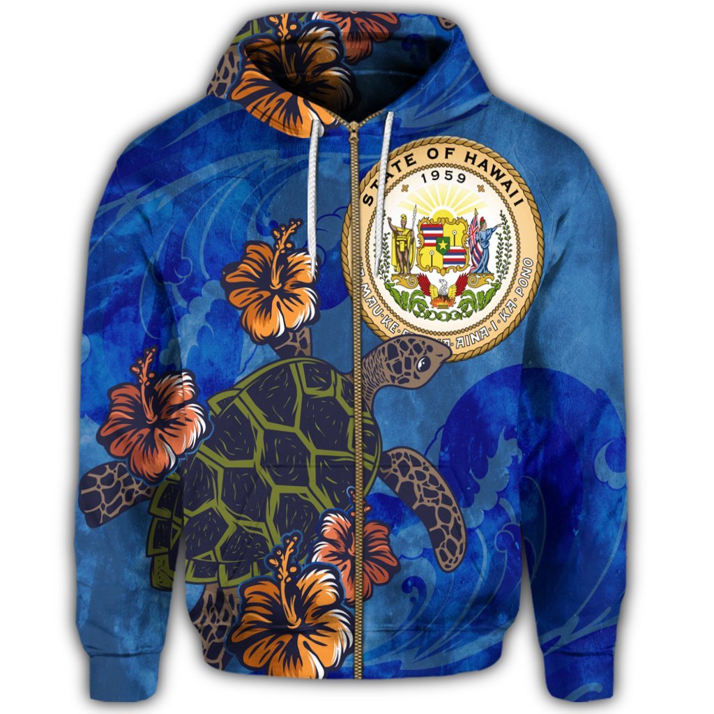 Hawaiian Seal of Hawaii Hibiscus Ocean Turtle Polynesian Zip Hoodie - Polynesian Pride