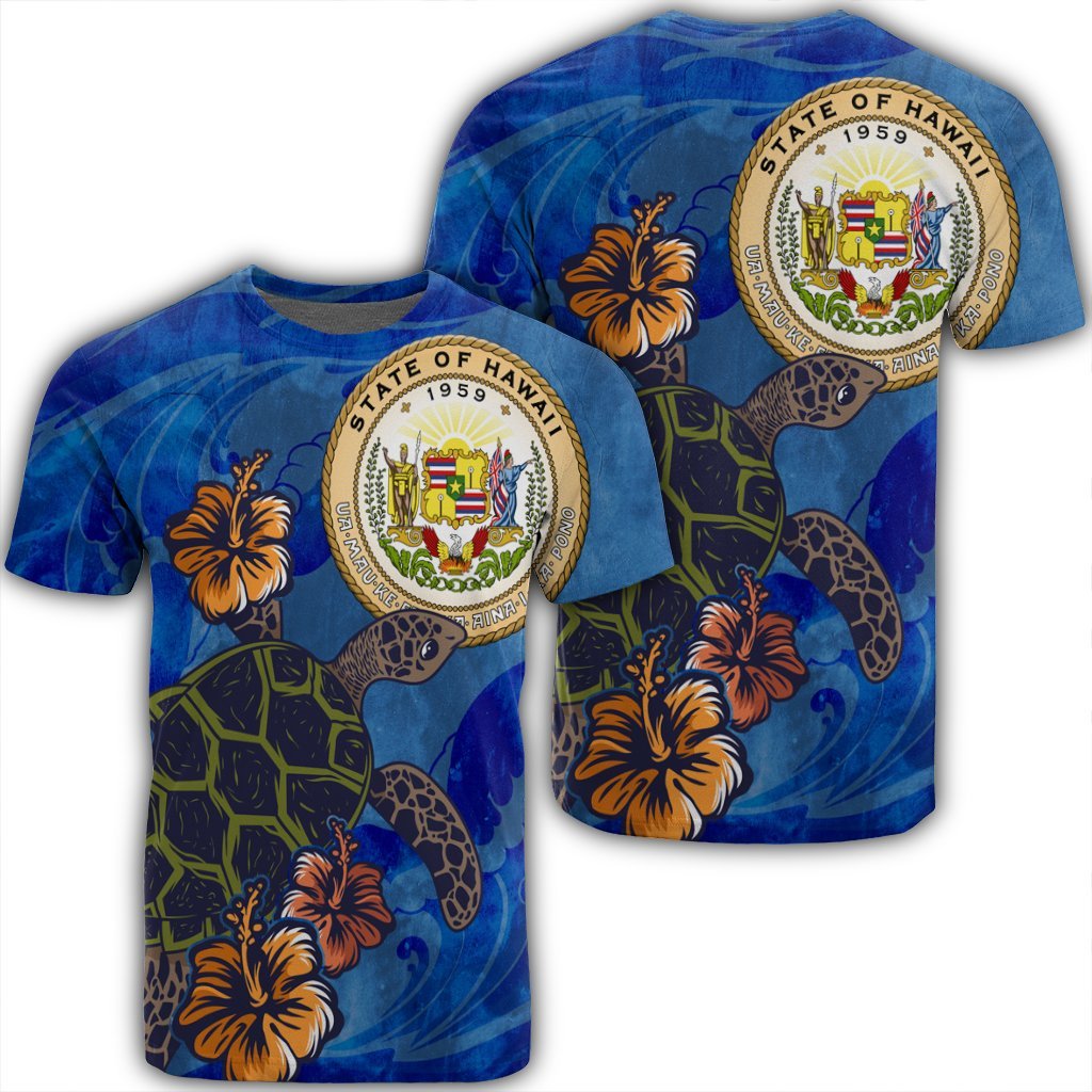 Hawaiian Seal Of Hawaii Hibiscus Ocean Turtle Polynesian T Shirt AH Unisex Black - Polynesian Pride