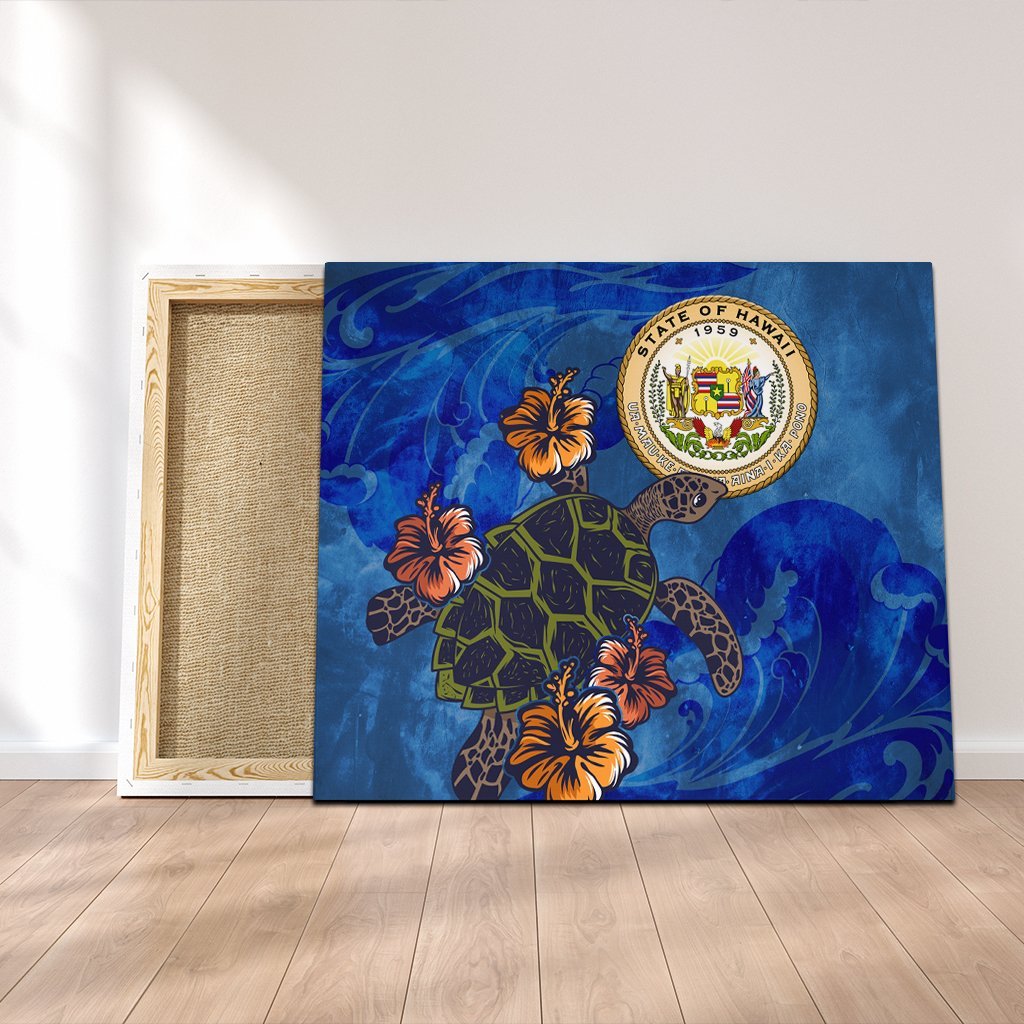 Hawaiian Seal Of Hawaii Hibiscus Ocean Turtle Polynesian Canvas - AH Canvas Poly-cotton - Polynesian Pride