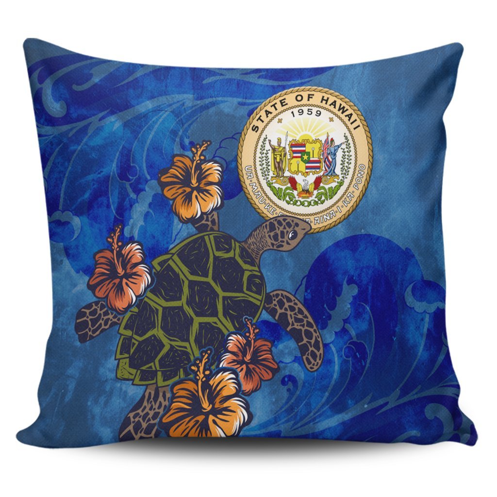 Hawaiian Seal Of Hawaii Hibiscus Ocean Turtle Polynesian Pillow Covers - AH Pillow Covers Black - Polynesian Pride