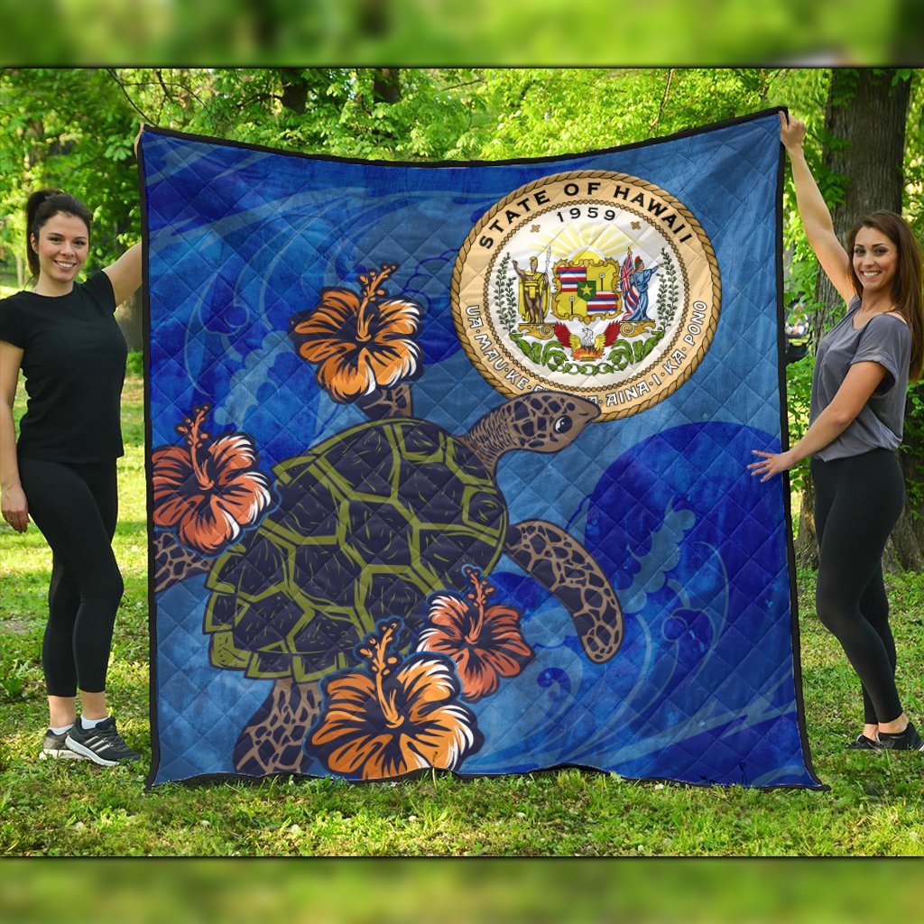 Hawaiian Seal Of Hawaii Hibiscus Ocean Turtle Polynesian Premium Quilts - AH Black - Polynesian Pride