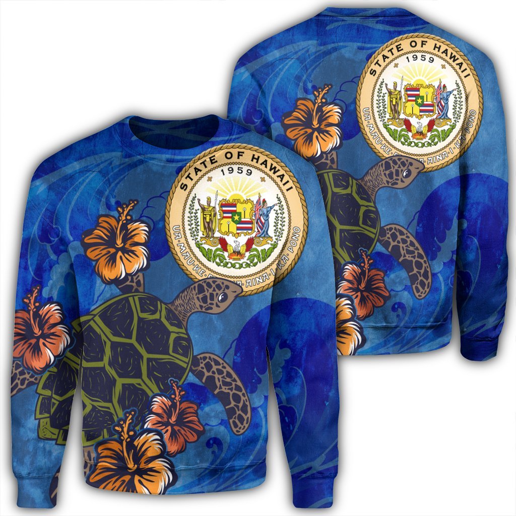 Hawaiian Seal Of Hawaii Hibiscus Ocean Turtle Polynesian Sweatshirt - AH Unisex Black - Polynesian Pride