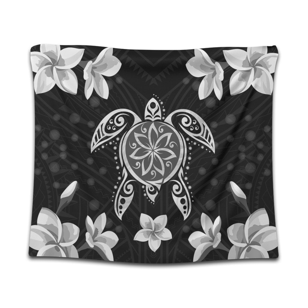 Hawaiian Silver Turtle Plumeria Tapestry AH Wall Tapestry Black - Polynesian Pride