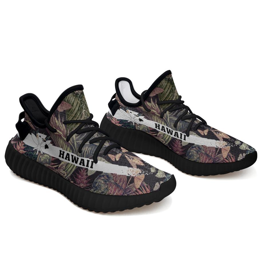 Hawaiian Sneakers YZ Palm Leaves Tropical Flowers Black - Polynesian Pride