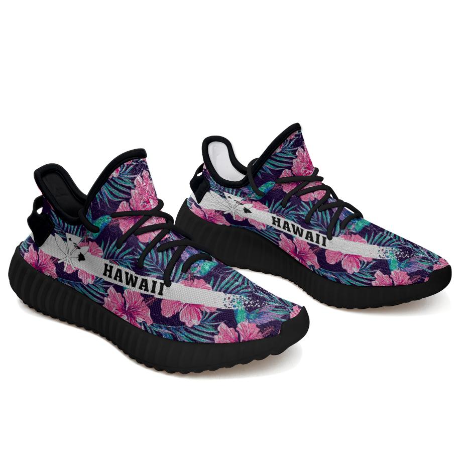 Hawaiian Sneakers YZ Tropical Flowers With Hummingbirds Palm Leaves Black - Polynesian Pride