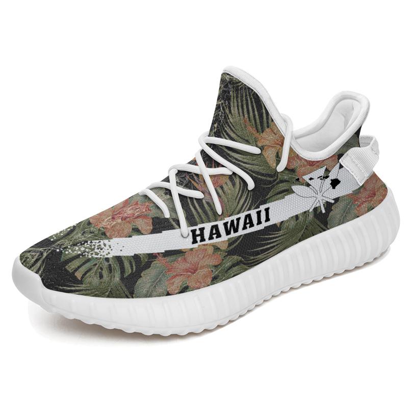 Hawaiian Sneakers YZ Tropical Hibiscus Monstera Leaf White - Polynesian Pride
