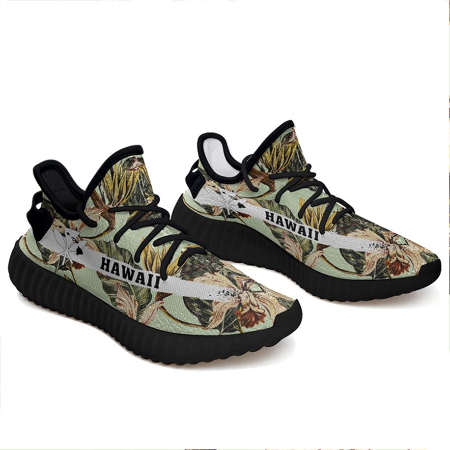 Hawaiian Sneakers YZ Vintage Tropical Jungle Leaves Orchid Bird Black - Polynesian Pride
