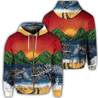 Hawaiian Sunset Ocean Turtle Zip Hoodie Unisex Art - Polynesian Pride