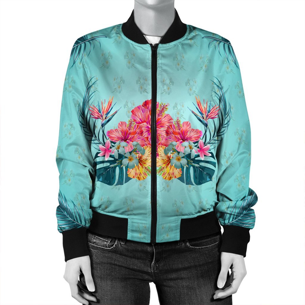 Hawaiian Tropical Strelitzia Hibiscus Plumeria Centre Bomber Jacket - AH - Polynesian Pride
