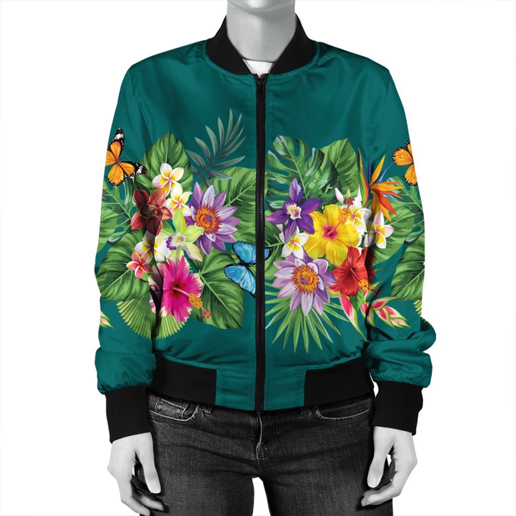 Hawaiian Tropical Strelitzia Plumeria Orchids Hibiscus Polynesian Bomber Jacket - AH - Polynesian Pride
