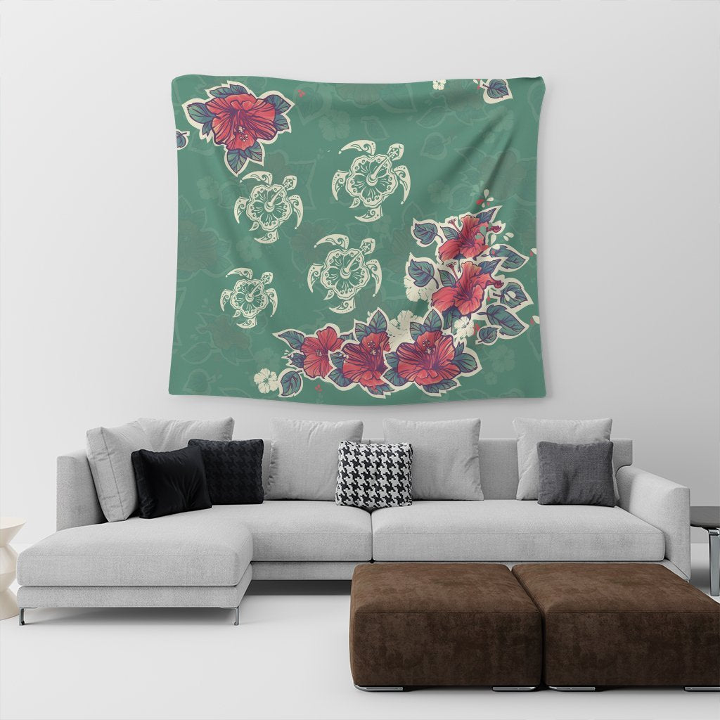 Hawaiian Turtle And Colorful Hibiscus Polynesian Tapestry - AH - Polynesian Pride