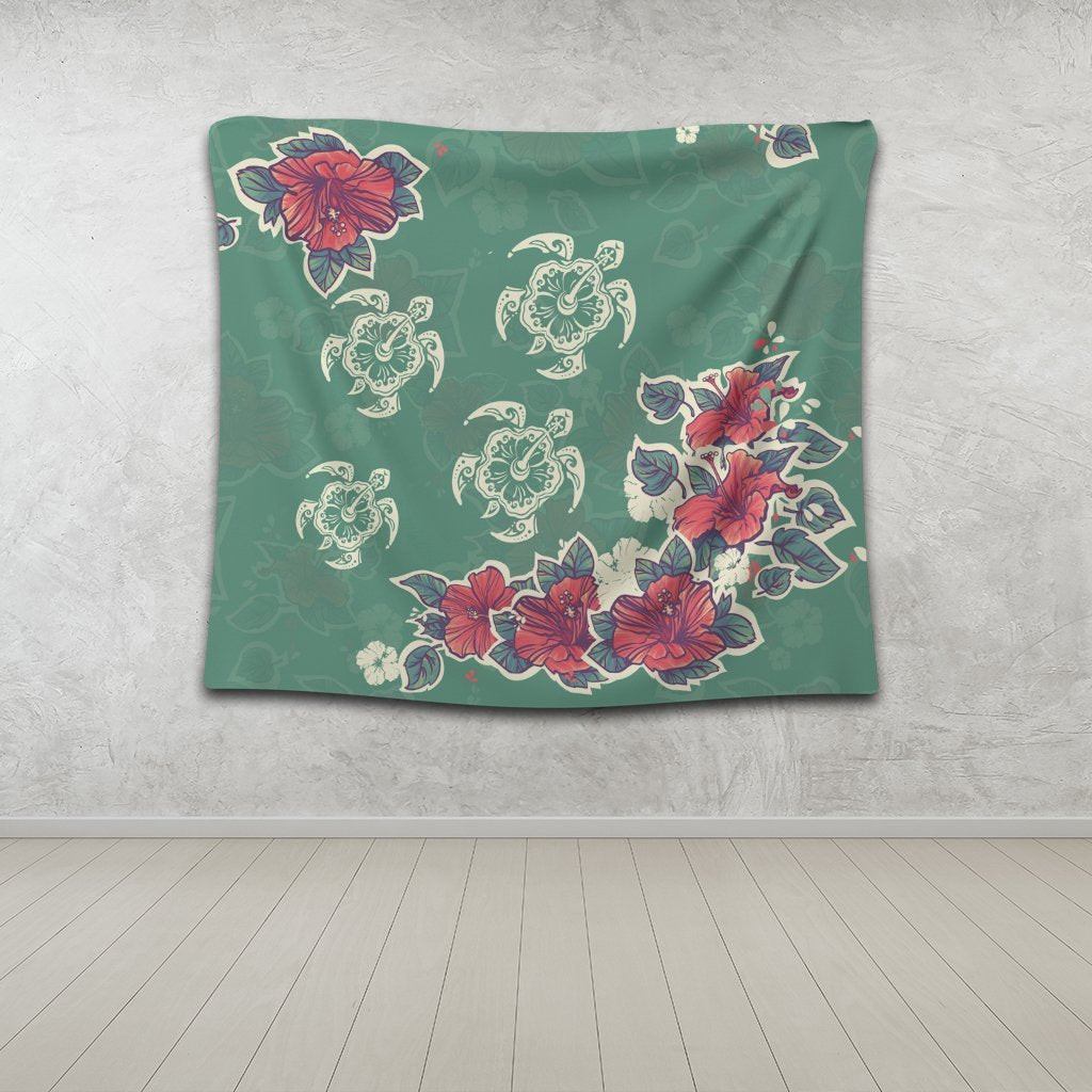 Hawaiian Turtle And Colorful Hibiscus Polynesian Tapestry - AH - Polynesian Pride