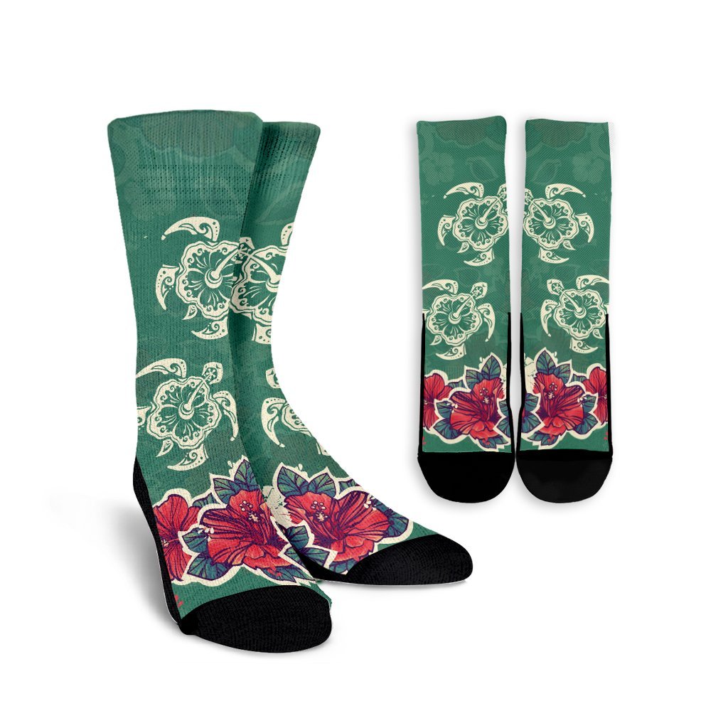 Hawaiian Turtle And Colorful Hibiscus Polynesian Crew Socks - AH Crew Socks White - Polynesian Pride