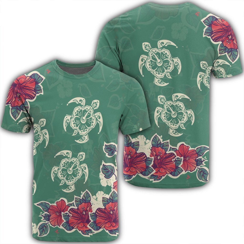 Hawaiian Turtle And Colorful Hibiscus Polynesian T Shirt AH Unisex Black - Polynesian Pride