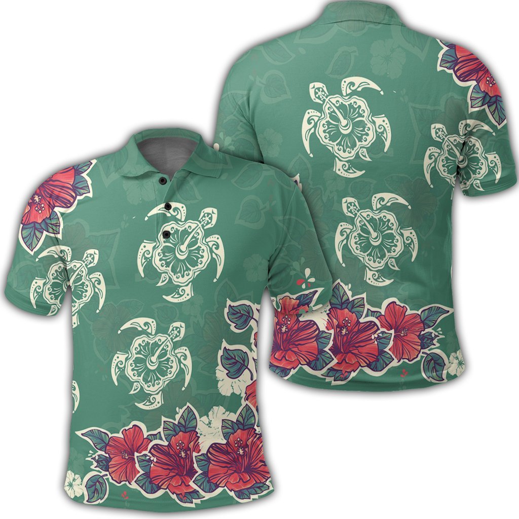 Hawaiian Turtle and Colorful Hibiscus Polynesian Polo Shirt Unisex Black - Polynesian Pride