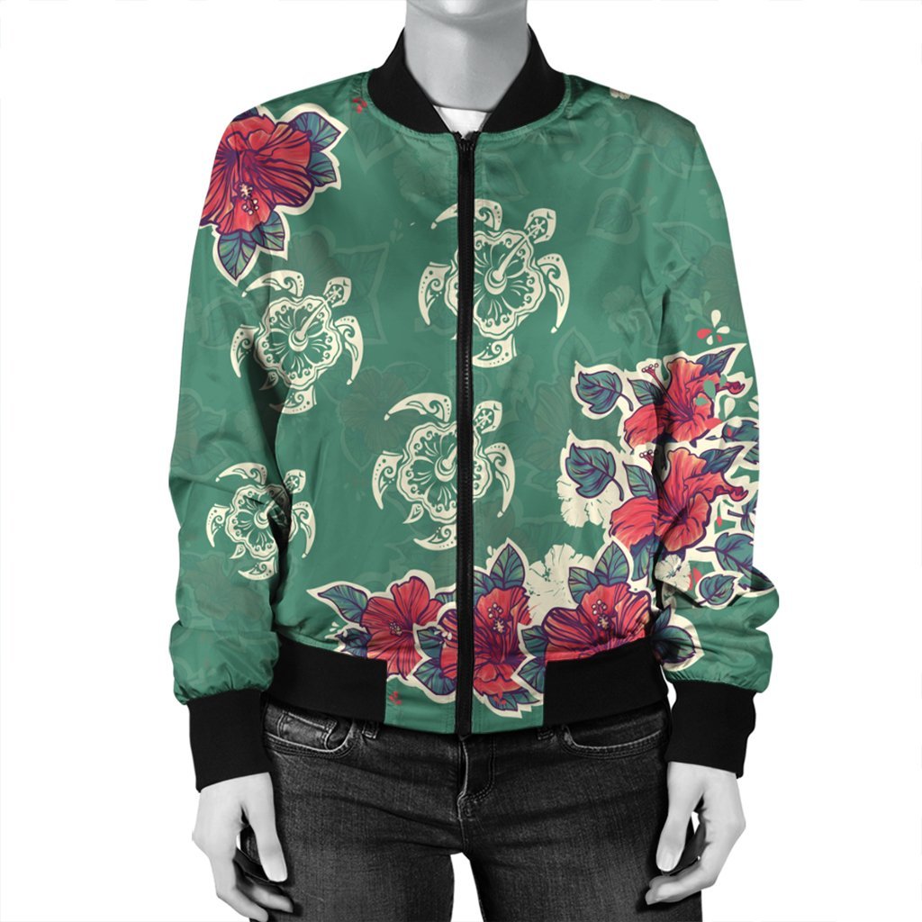 Hawaiian Turtle And Colorful Hibiscus Polynesian Bomber Jacket - AH - Polynesian Pride