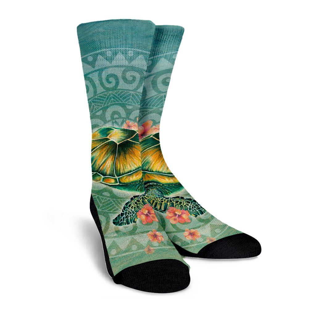 Hawaiian Turtle And Hibiscus Polynesian Crew Socks - AH - Polynesian Pride