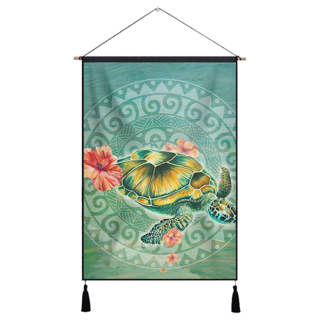 Hawaiian Turtle And Hibiscus Polynesian Hanging Poster - AH Hanging Poster Cotton And Linen - Polynesian Pride