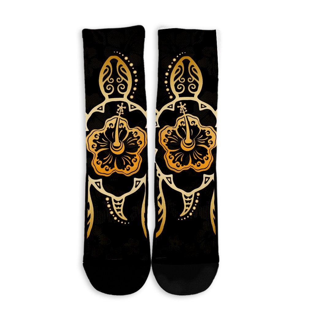 Hawaiian Turtle And Hibiscus Polynesian Crew Socks Gold - AH - Polynesian Pride
