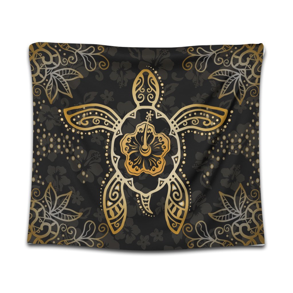 Hawaiian Turtle And Hibiscus Polynesian Tapestry Gold - AH Wall Tapestry Black - Polynesian Pride