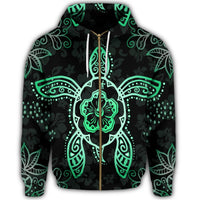 Hawaiian Turtle and Hibiscus Polynesian Zip Hoodie Green - Polynesian Pride