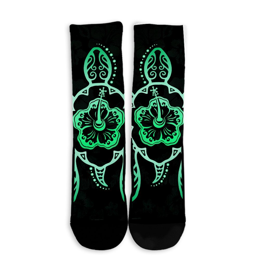 Hawaiian Turtle And Hibiscus Polynesian Crew Socks Green - AH - Polynesian Pride