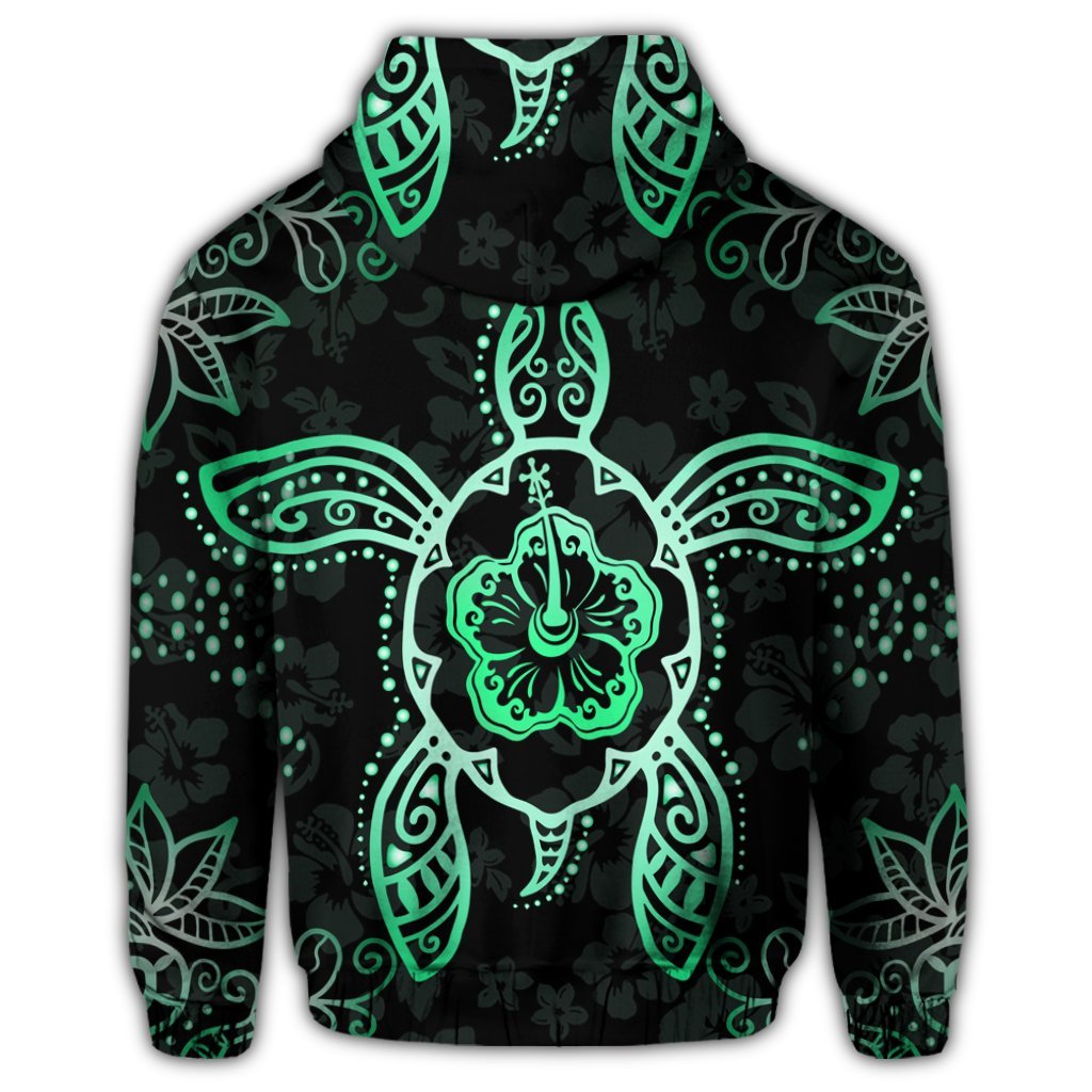 Hawaiian Turtle and Hibiscus Polynesian Zip Hoodie Green - Polynesian Pride