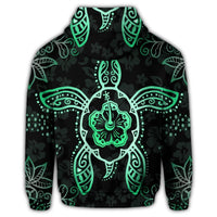 Hawaiian Turtle and Hibiscus Polynesian Zip Hoodie Green - Polynesian Pride