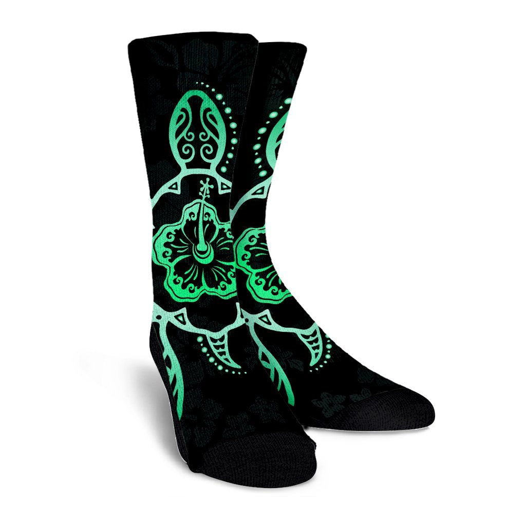 Hawaiian Turtle And Hibiscus Polynesian Crew Socks Green - AH - Polynesian Pride