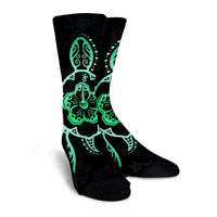 Hawaiian Turtle And Hibiscus Polynesian Crew Socks Green - AH - Polynesian Pride