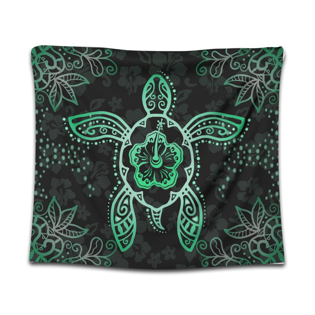 Hawaiian Turtle And Hibiscus Polynesian Tapestry Green - AH Wall Tapestry Black - Polynesian Pride