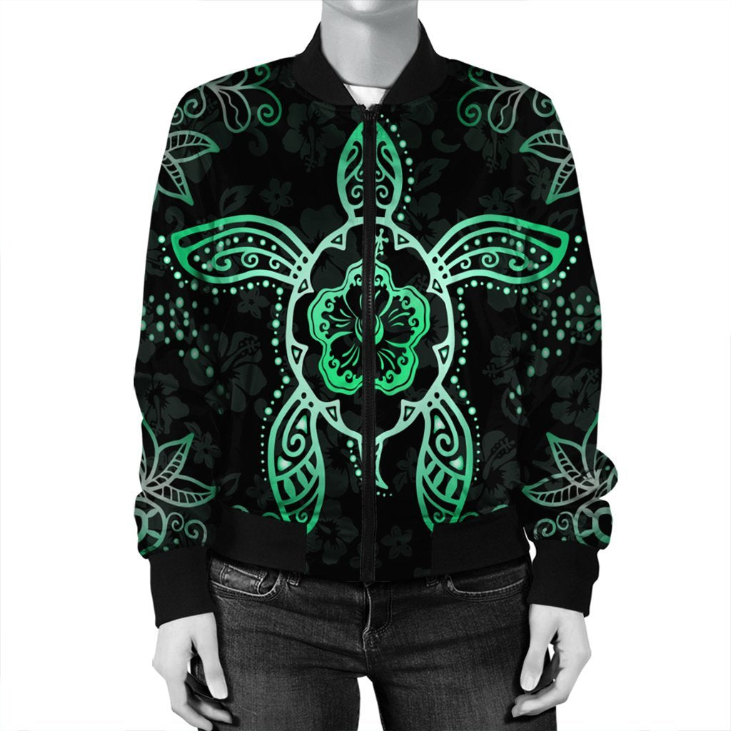 Hawaiian Turtle And Hibiscus Polynesian Bomber Jacket Green - AH - Polynesian Pride