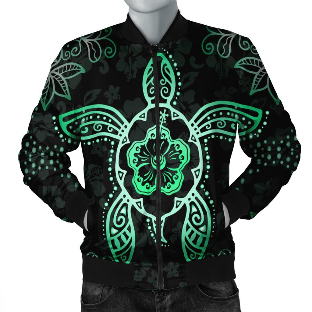 Hawaiian Turtle And Hibiscus Polynesian Bomber Jacket Green - AH Black Unisex - Polynesian Pride